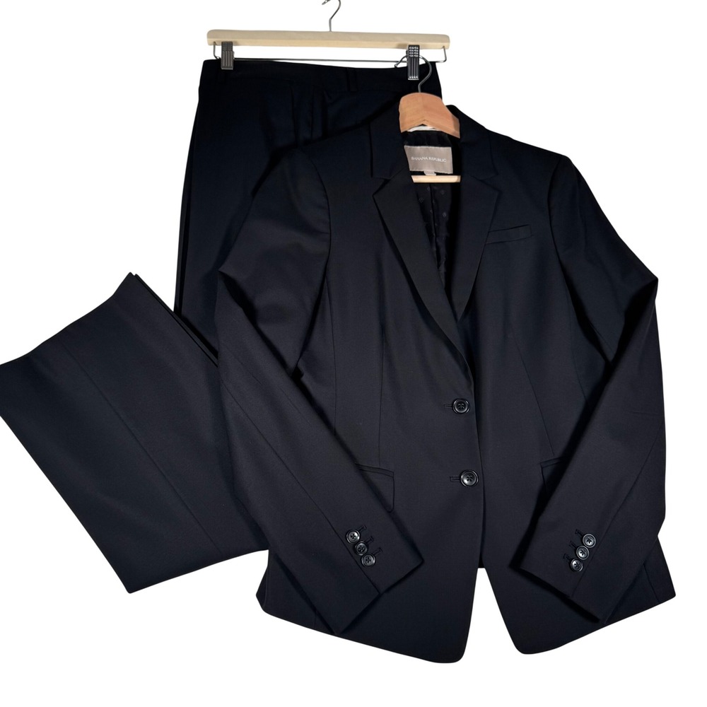 Banana Republic Womens Wool Suit Set 10 Black Blazer Martin Pants Office Siren